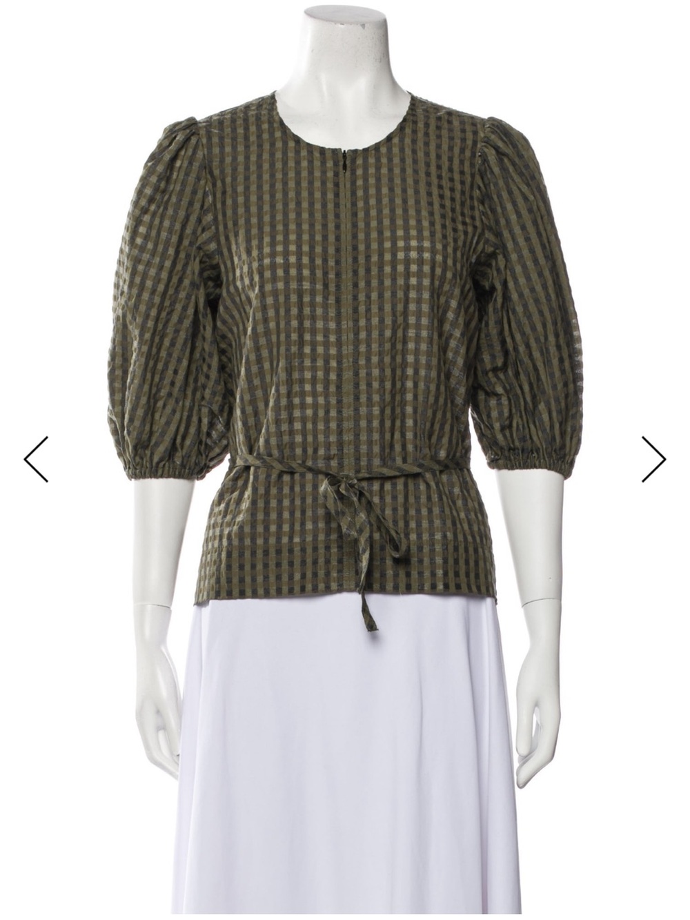 Ganni plaid print crew neck blouse with adjustable tie and front zipper